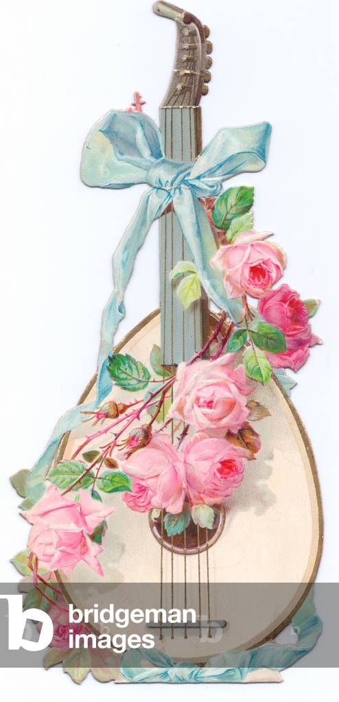 A Victorian die-cut shape card of a ukulele decorated with roses and tied with a blue ribbon, c.1880 (colour litho)