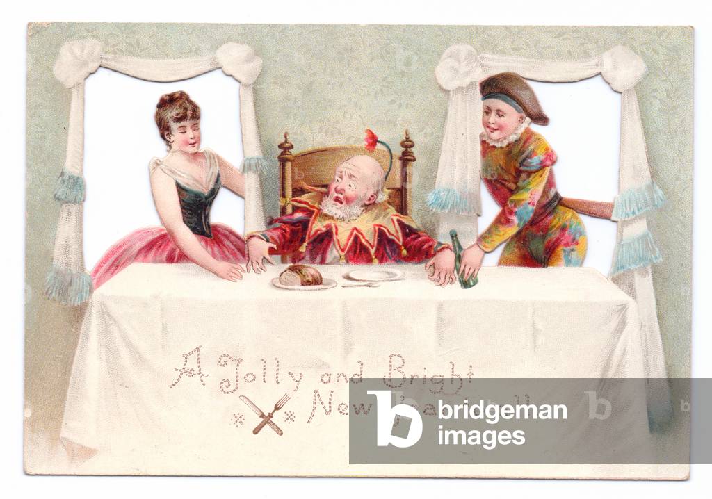 Victorian New Year card of a harlequin and a dancer presiding over a rather startled looking clown, c.1880 (colour litho)