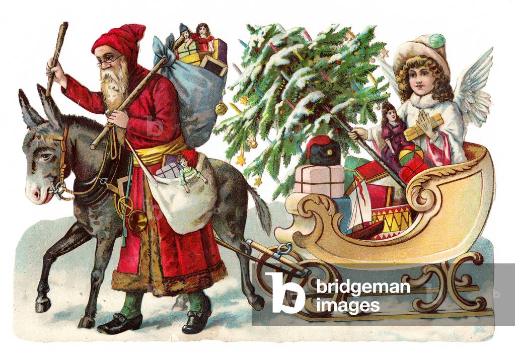 A Victorian Paper Scrap Relief of an angel in a sleigh full of toys pulled by a donkey with Father Christmas next to it, c.1880 (colour litho)