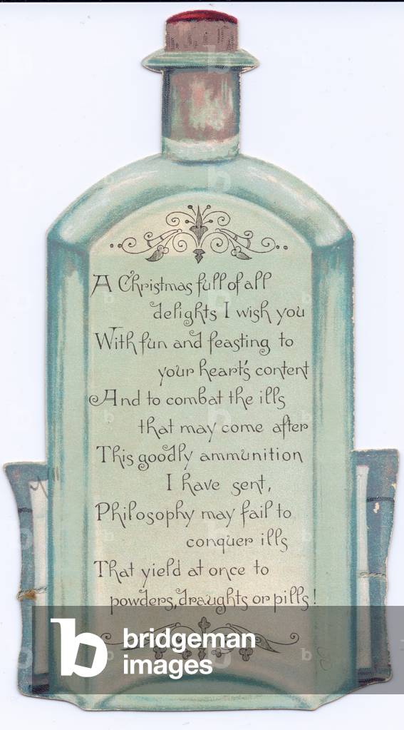 A Victorian die-cut shape Christmas card of a medicinal bottle, c.1880 (colour litho)