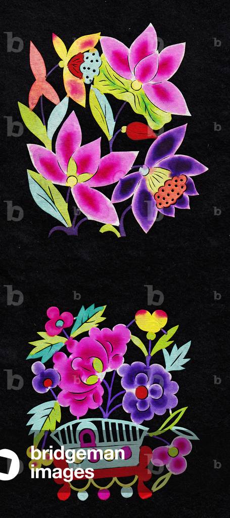 Chinese paper-cut of lotus flowers and peonies in a vase, c.1960 (hand-coloured and hand-cut)