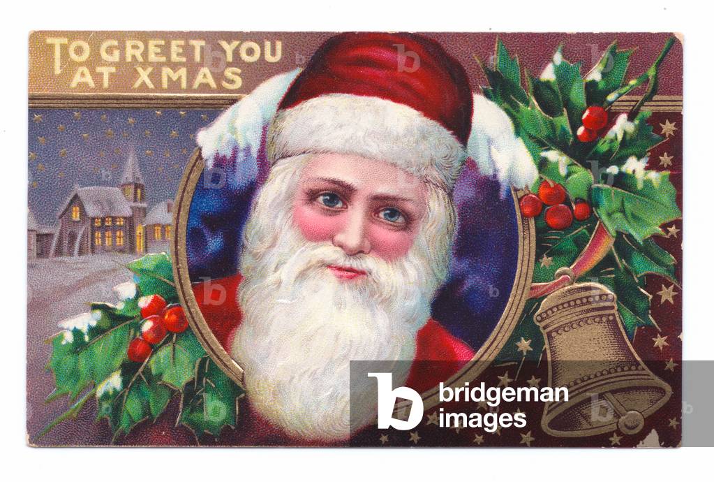 Edwardian Christmas postcard of Father Christmas with holly and a bell, c.1910 (colour litho)