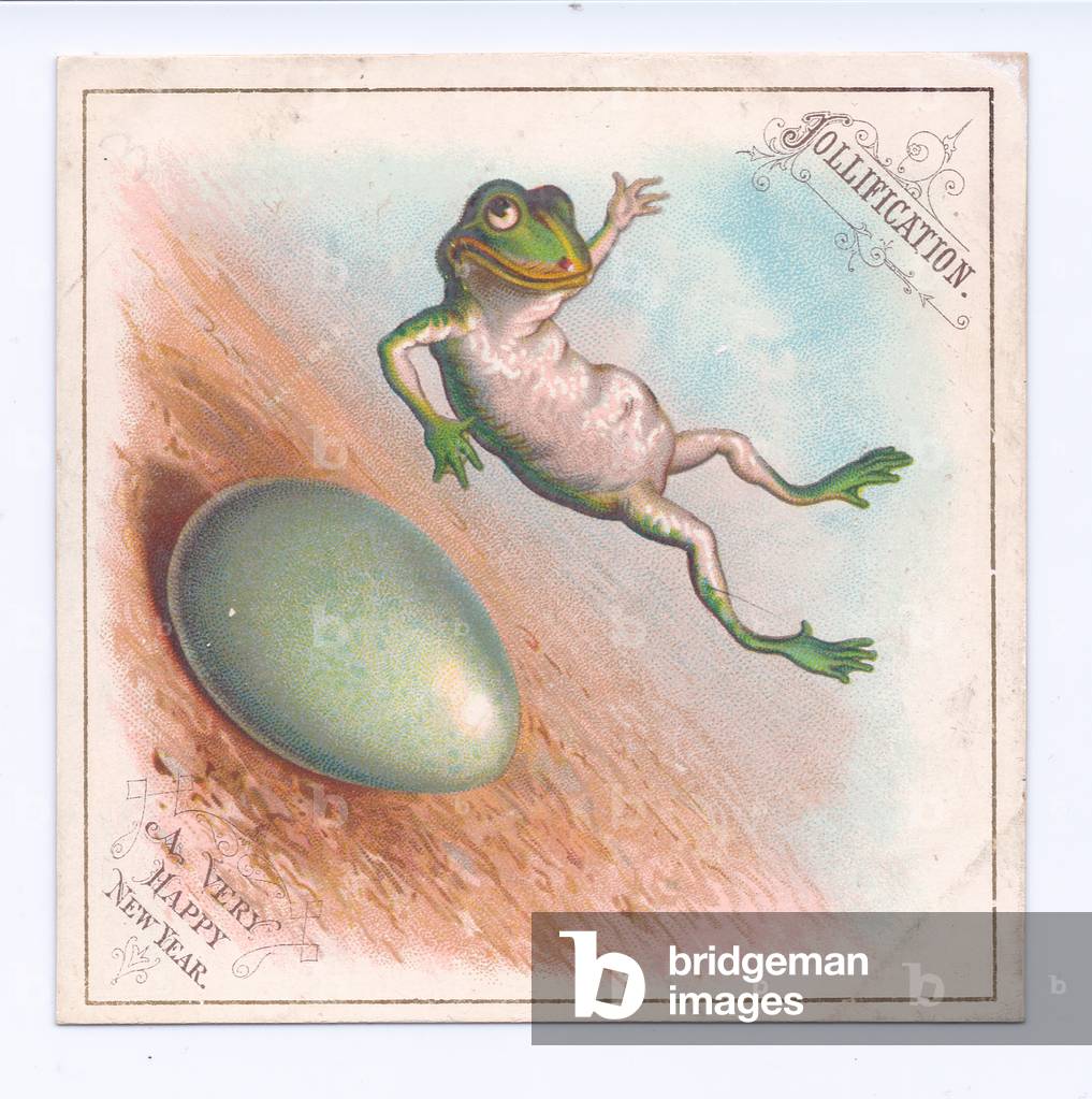 A Victorian New Year card of a frog leaping on an egg, c.1880 (colour litho)
