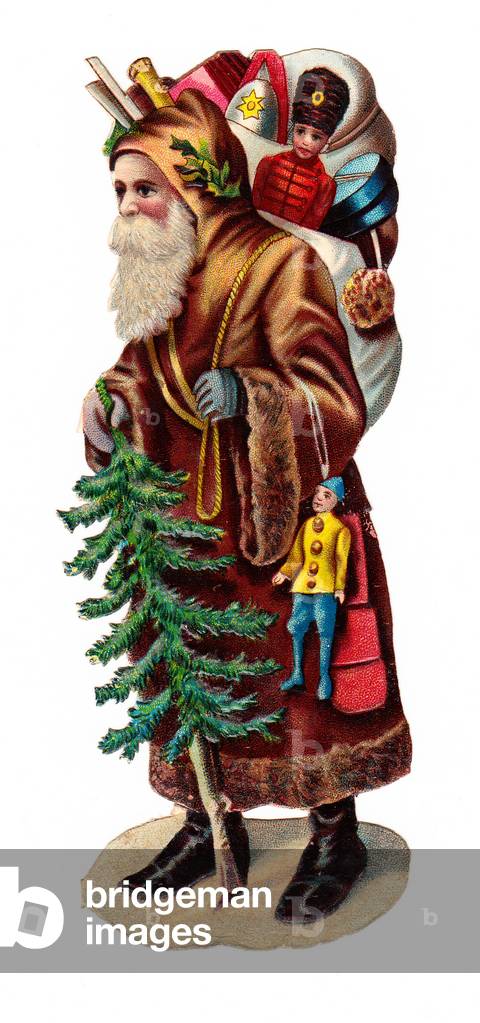 A Victorian Paper Scrap Relief of Father Christmas with a sack of toys on his back holding a Chistmas tree, c.1880 (colour litho)