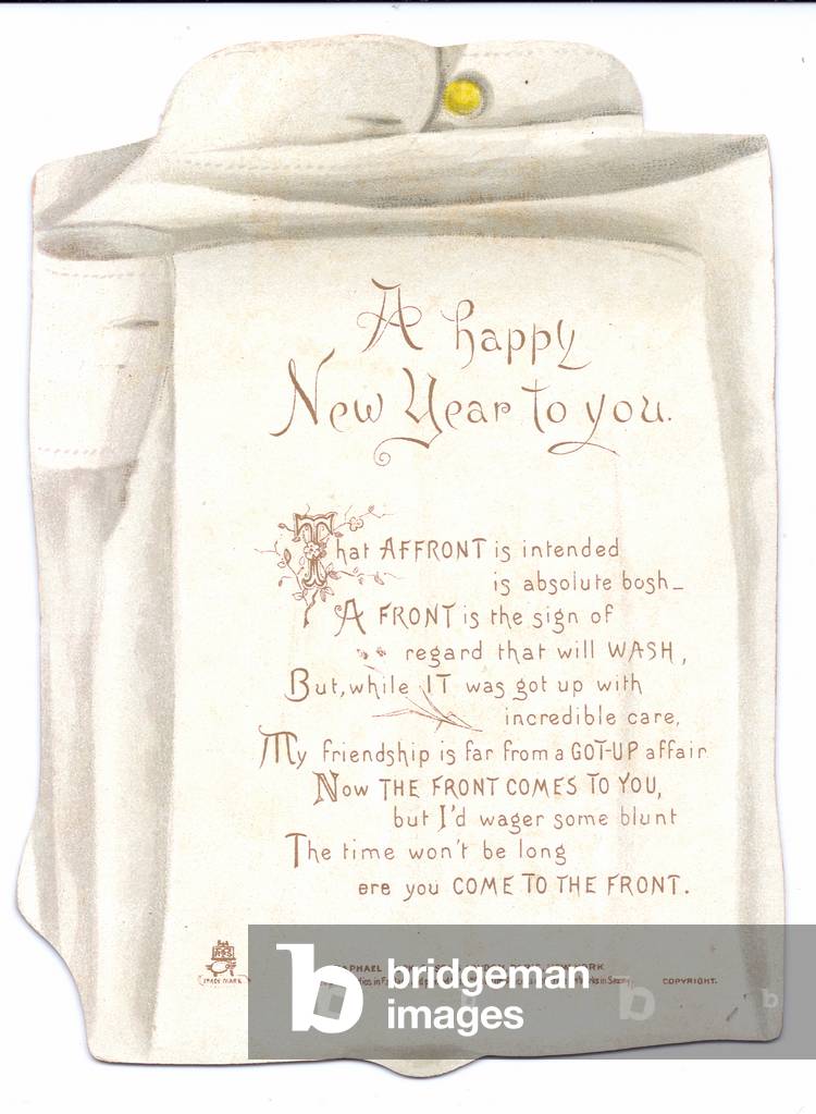 A Victorian die-cut shape New Year card of a back of a dress shirt with a poem on it, c.1880 (colour litho)