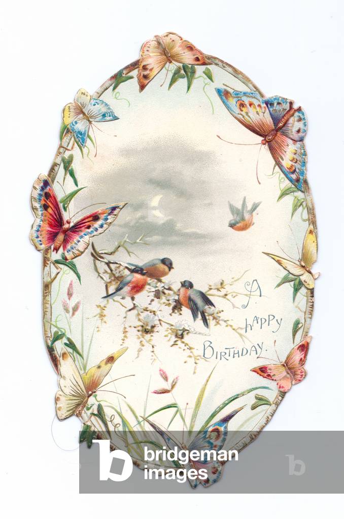 A Victorian oval shape Birthday card of birds and butterflies, c.1880 (colour litho)