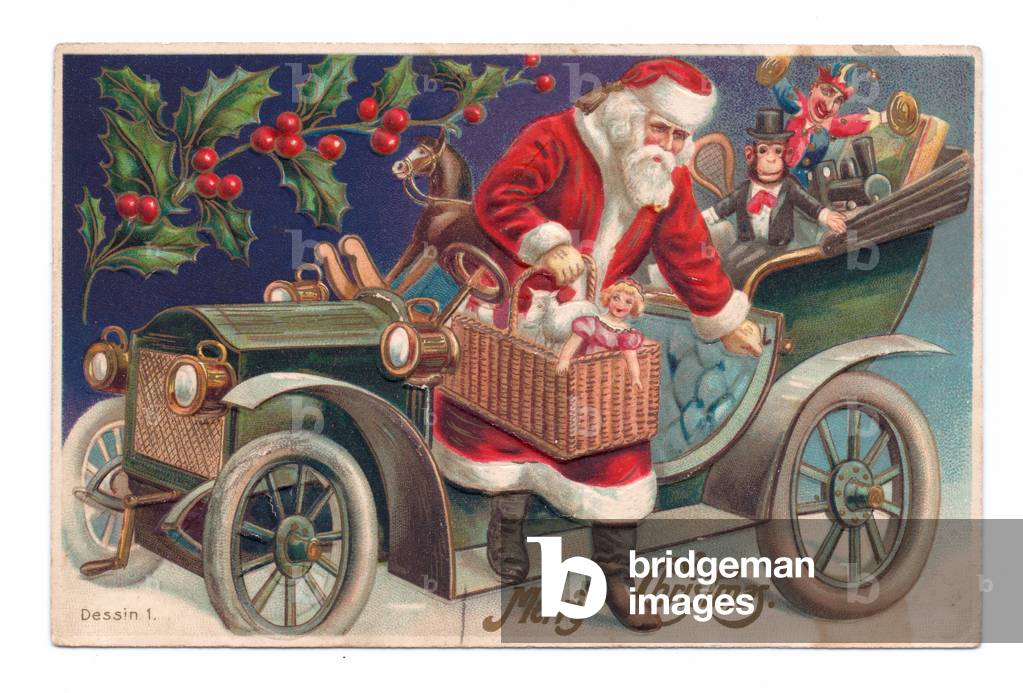 Edwardian Christmas postcard of Father Christmas alighting from a vintage car holding a basket of toys, c.1910 (colour litho)