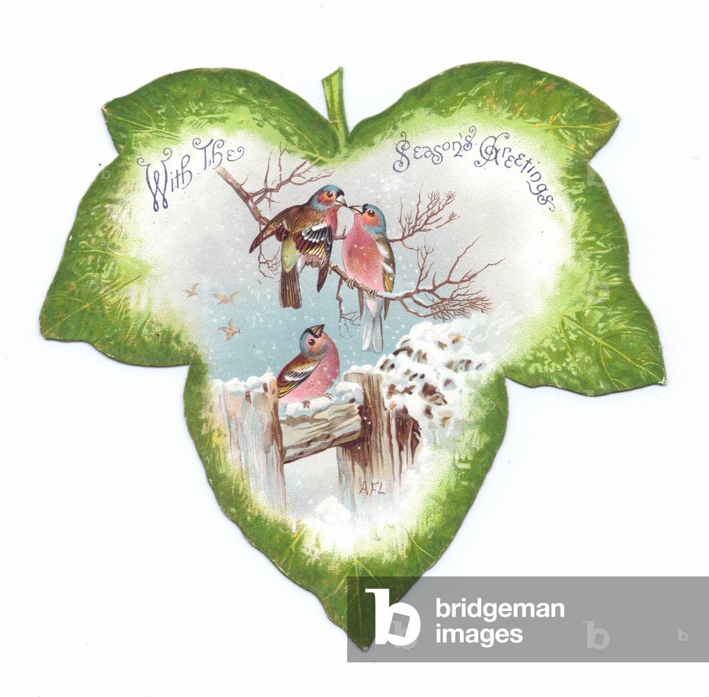 A Victorian die-cut shape card of an ivy leaf with an image of birds perched on a snow covered branch, c.1880 (colour litho)