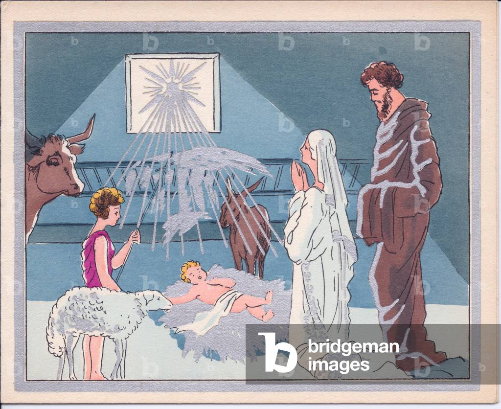 A hand-coloured French Pochoir Christmas card of Jesus in the manger with Mary and Joseph, circa 1920 (stencil)