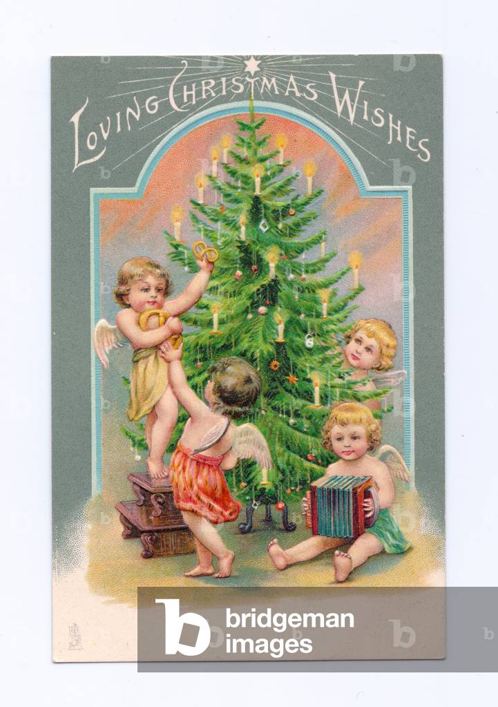 Edwardian Christmas postcard of four angels playing around a Christmas tree, c.1910 (colour litho)