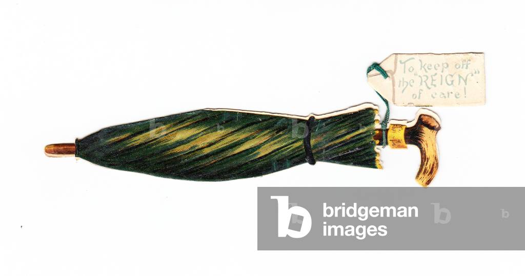 A Victorian die cut greeting card in the shape of a rolled umbrella, c 1880 (colour litho)