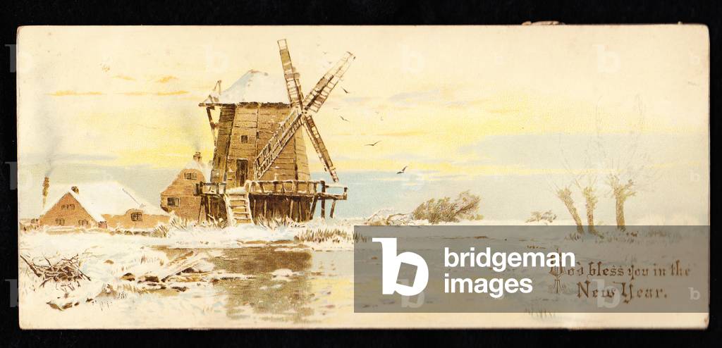 A Victorian front of a pop up New Year card depicting a windmill near a pond, c.1880 (colour litho)