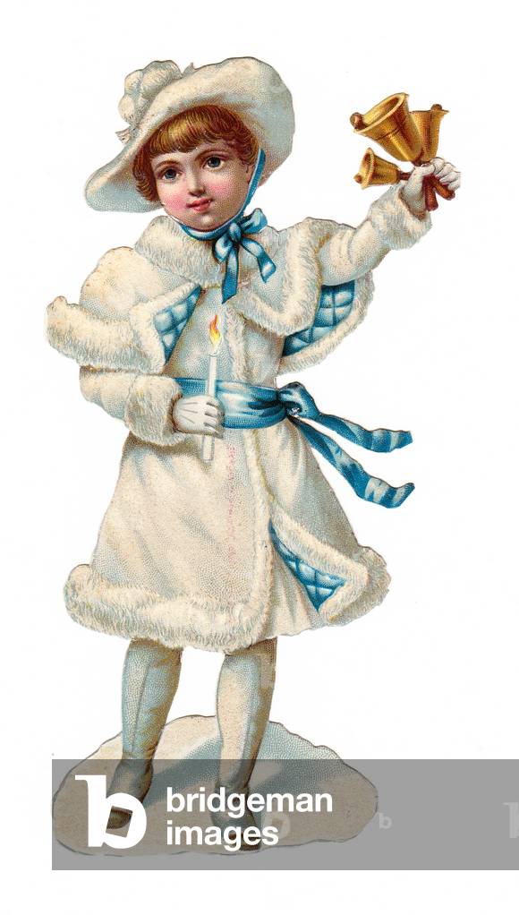 A Victorian Paper Scrap Relief of a young girl dressed in a fur lined coat and hat holding a candle and three bells, c.1880 (colour litho)