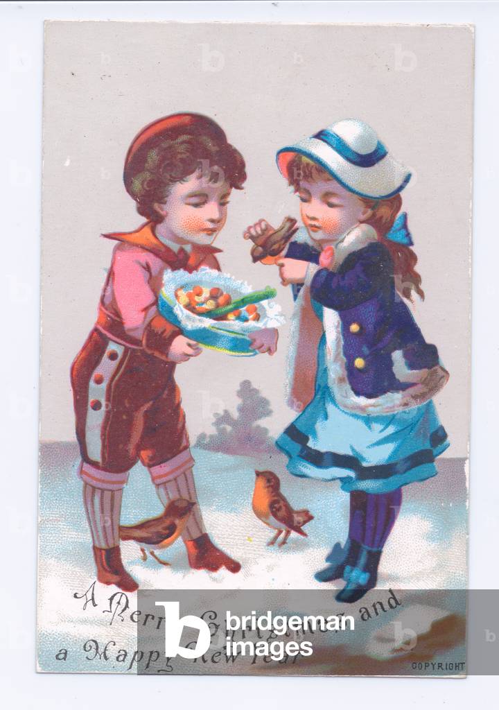 A Victorian Christmas and New Year card of two girls, one with a robin perched on her hand, c.1880 (colour litho)