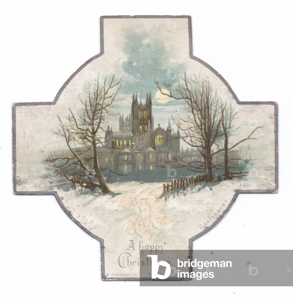 A Victorian religious Christmas card of a die-cut cross with an image of a gothic church on a moonlit snowy night on it, c.1880 (colour litho)