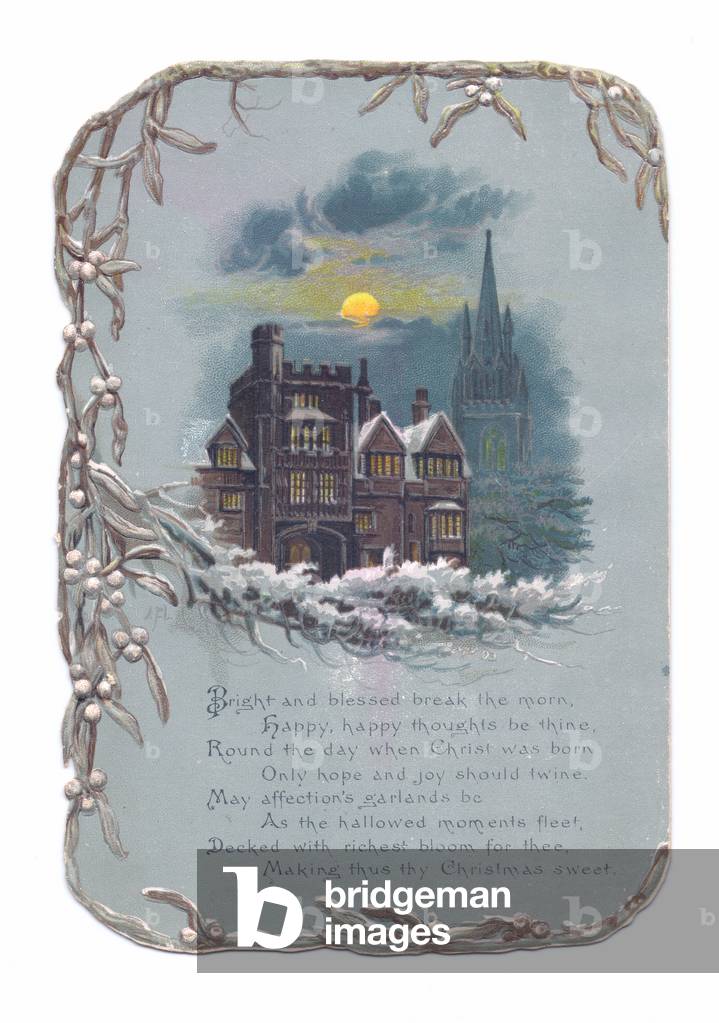 A Victorian die-cut shape Christmas card of a castellated mansion on a moonlit night, c.1880 (colour litho)