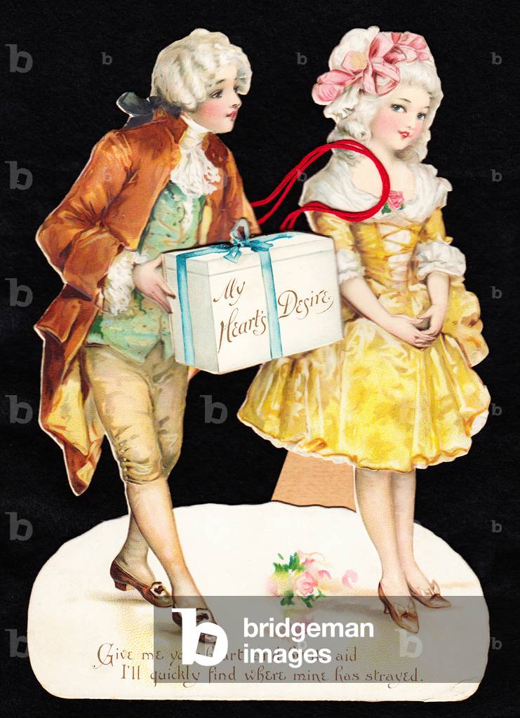A Victorian die cut three dimensional Valentine card of a boy giving a box to a girl both dressed in regency costume, c.1880 (colour litho)