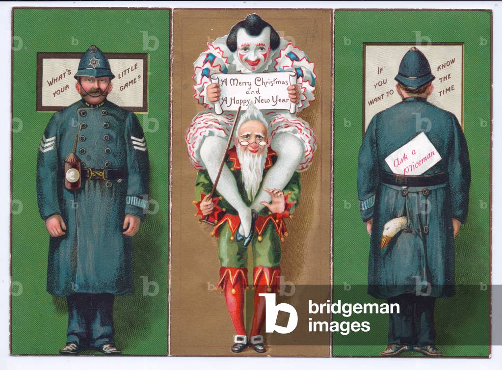 A Victorian Christmas card with a jester, clown and policeman, c.1880 (colour litho)
