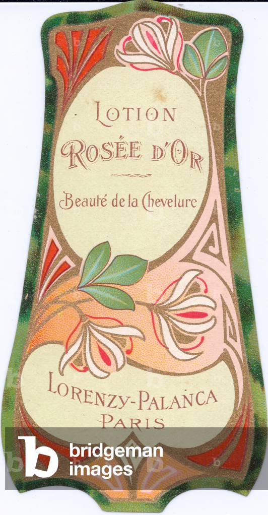 An art nouveau hair lotion label for 'lotion rosee d'or beaute de la chevelure' by Lorenzy-Palanca, c.1900 (colour litho)