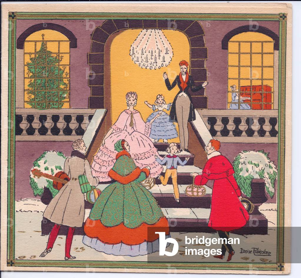 A hand-coloured French Pochoir Christmas card of guests arriving at a mansion and being greeted by their hosts, circa 1920 (stencil)