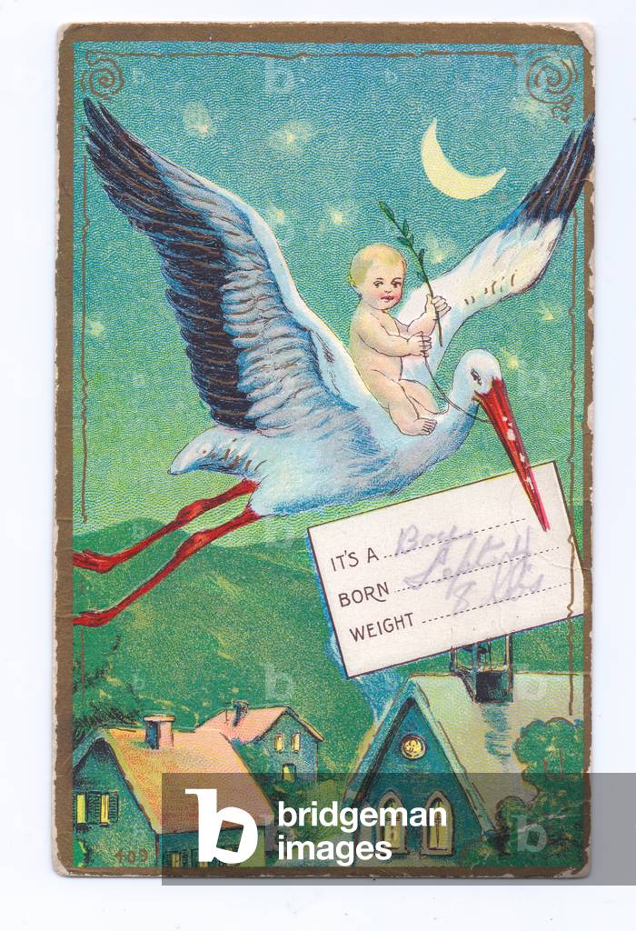 Edwardian postcard of a baby boy on the back of a stork on a moonlit night, c.1910 (colour litho)