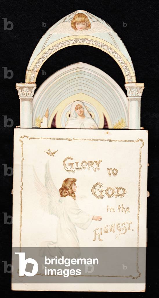 A Victorian die cut pop up greeting card of an angel and the Virgin Mary in a Church, c.1880 (colour litho)