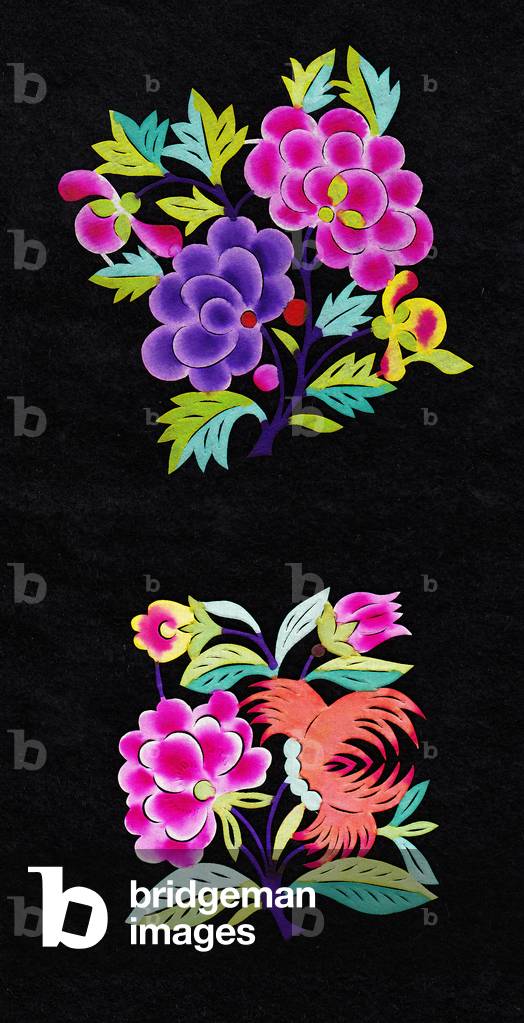Chinese paper-cut of floral arrangements, c.1960 (hand-coloured and hand-cut)