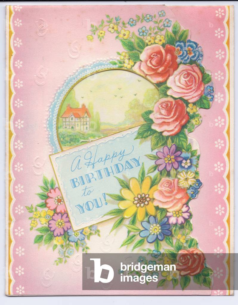 A Birthday Card with a Tudor house and a garland of roses and dasies, circa 1910 (coloured lithograph)