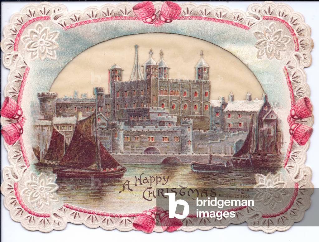 A Victorian hold-to-light Christmas Card of the Tower of London from the River Thames. Light shines through the towers windows when the card is held to a light source, circa 1898 (coloured lithograph)