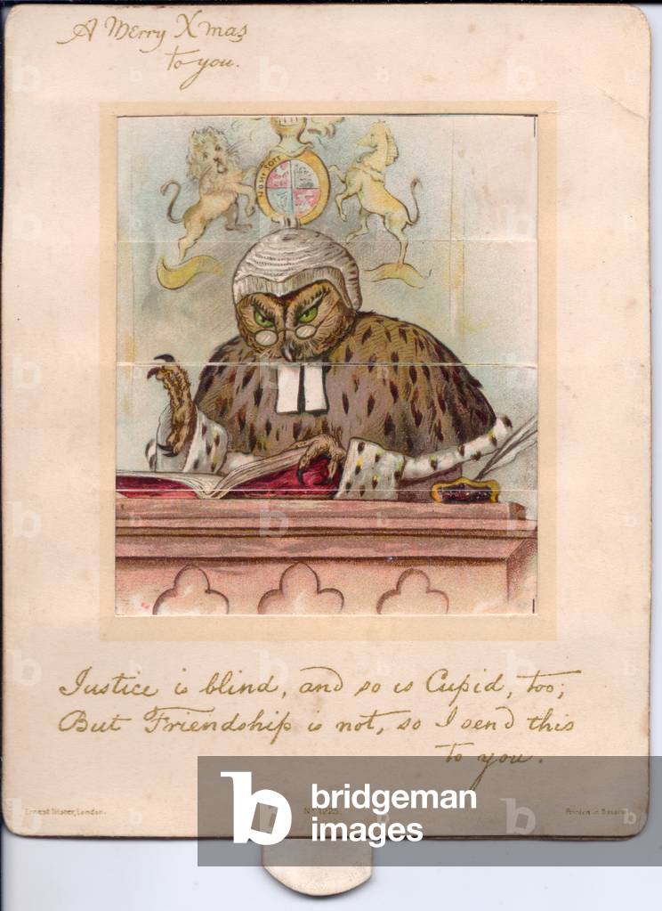 A Victorian mechanical picture changing Christmas card of an owl dressed as a judge reading from a book, c.1880 (colour litho)
