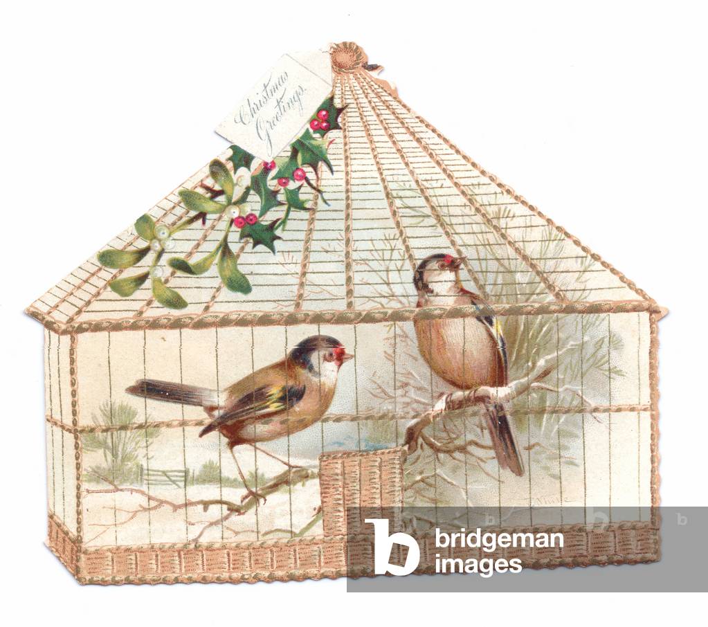 A Victorian Die-cut Shape Christmas card of two birds in a birdcage, c.1880 (colour litho)
