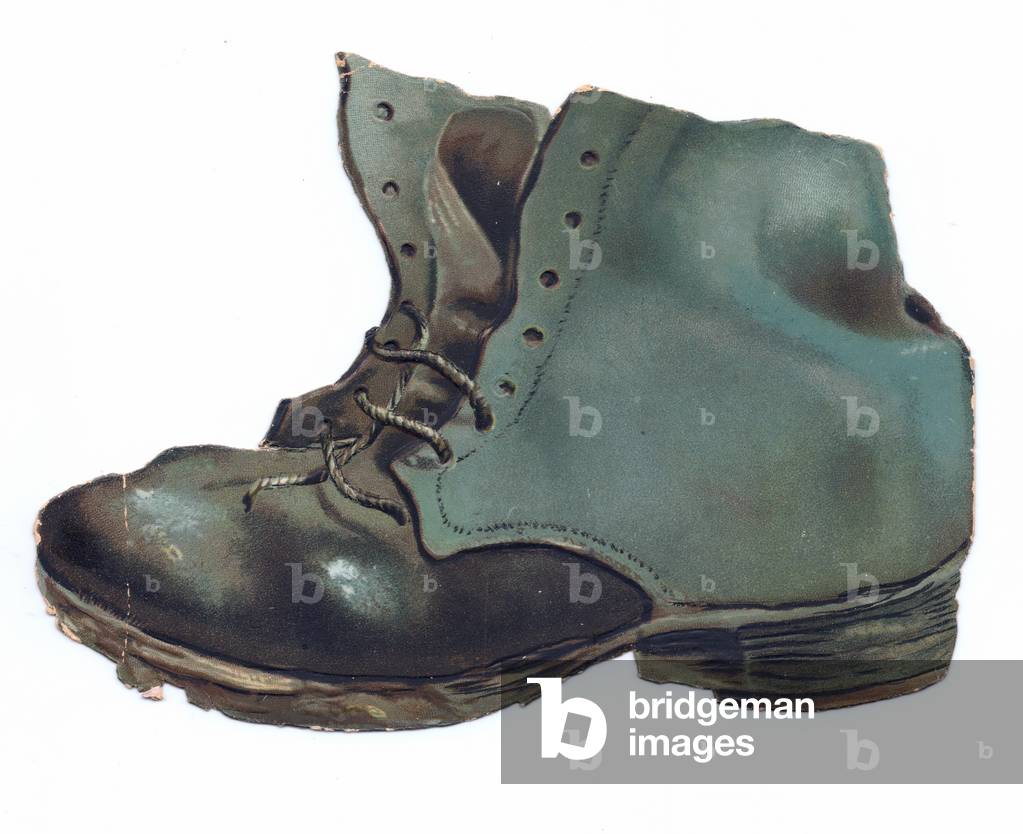 A Victorian die-cut shape greeting card of an old boot, c.1880 (colour litho)