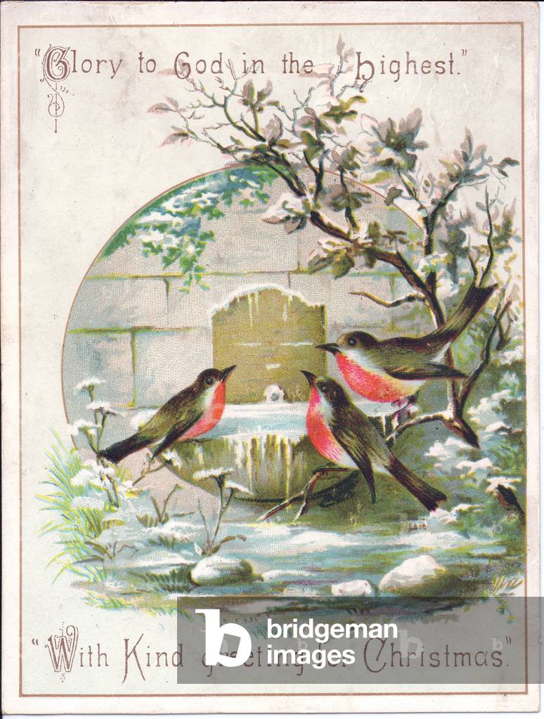 A Victorian Christmas card of robins drinking from a bird bath, c.1880 (colour litho)