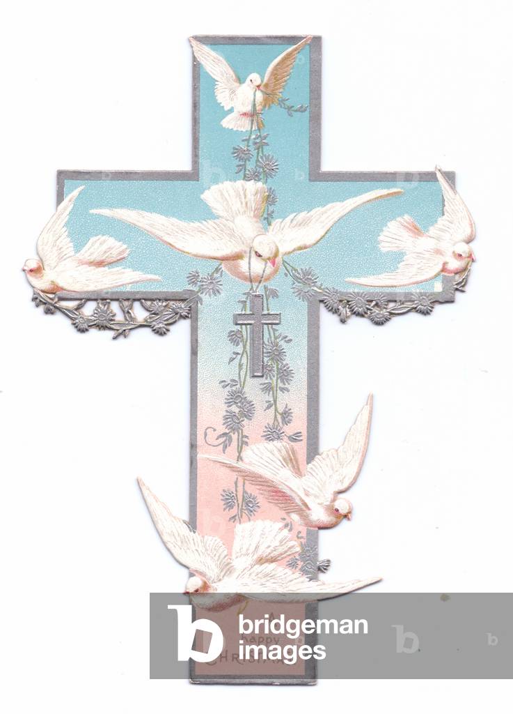 A Victorian religious Christmas card of a die-cut cross decorated with flying doves, c.1880 (colour litho)