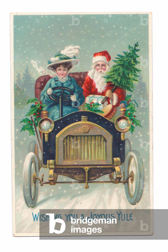 Edwardian postcard of Father Christmas seated next to a lady driving a vintage car, c.1910 (colour litho)
