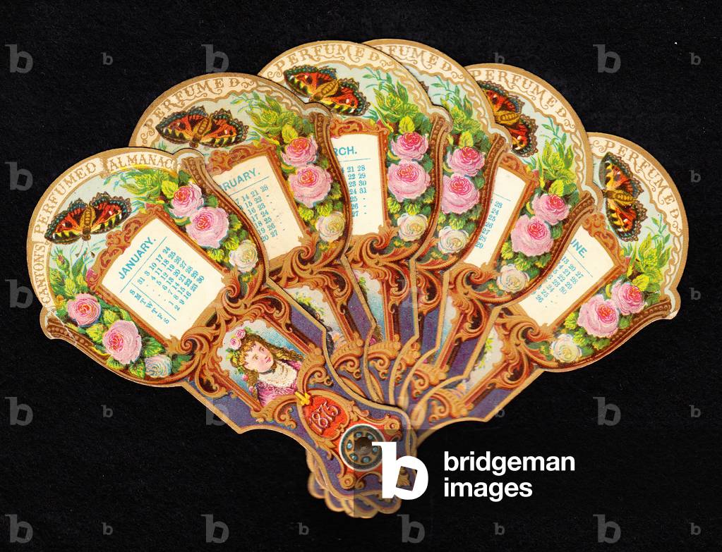 A Victorian die cut calendar greeting card in the shape of a folding fan with images of roses and a butterfly, c.1875 (colour litho)