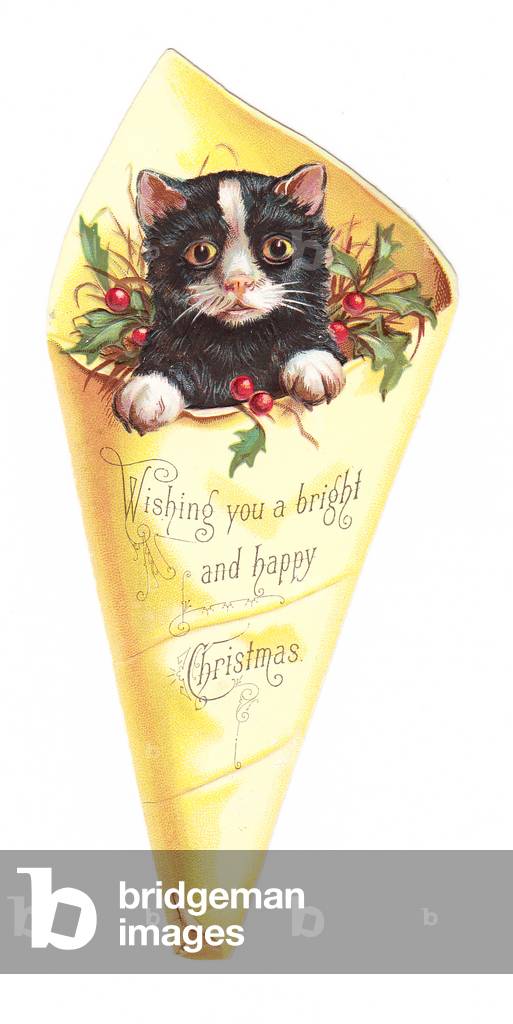 A Victorian Die-Cut Shape Christmas card of a kitten in a paper cone, c.1880 (colour Litho)