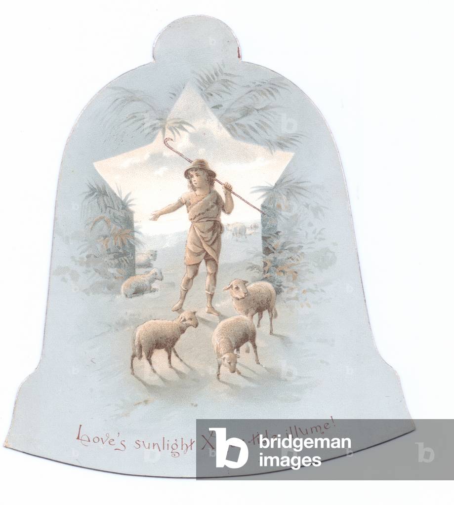 A Victorian die-cut shape Christmas card of a bell with an image of a shepherd boy and sheep on it, c.1880 (colour litho)