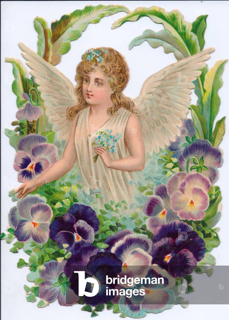 A Victorian Paper Scrap Relief of an angel in a circle of flowers, c.1880 (colour litho)