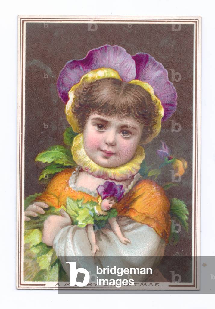 A Victorian Christmas card of a girl dressed in pansy costume holding a pansy costume doll, c.1880 (colour litho)