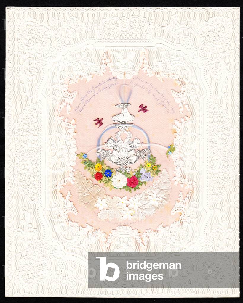 A Victorian paper lace Valentine card of a fountain with flowers, c.1870 (colour litho)