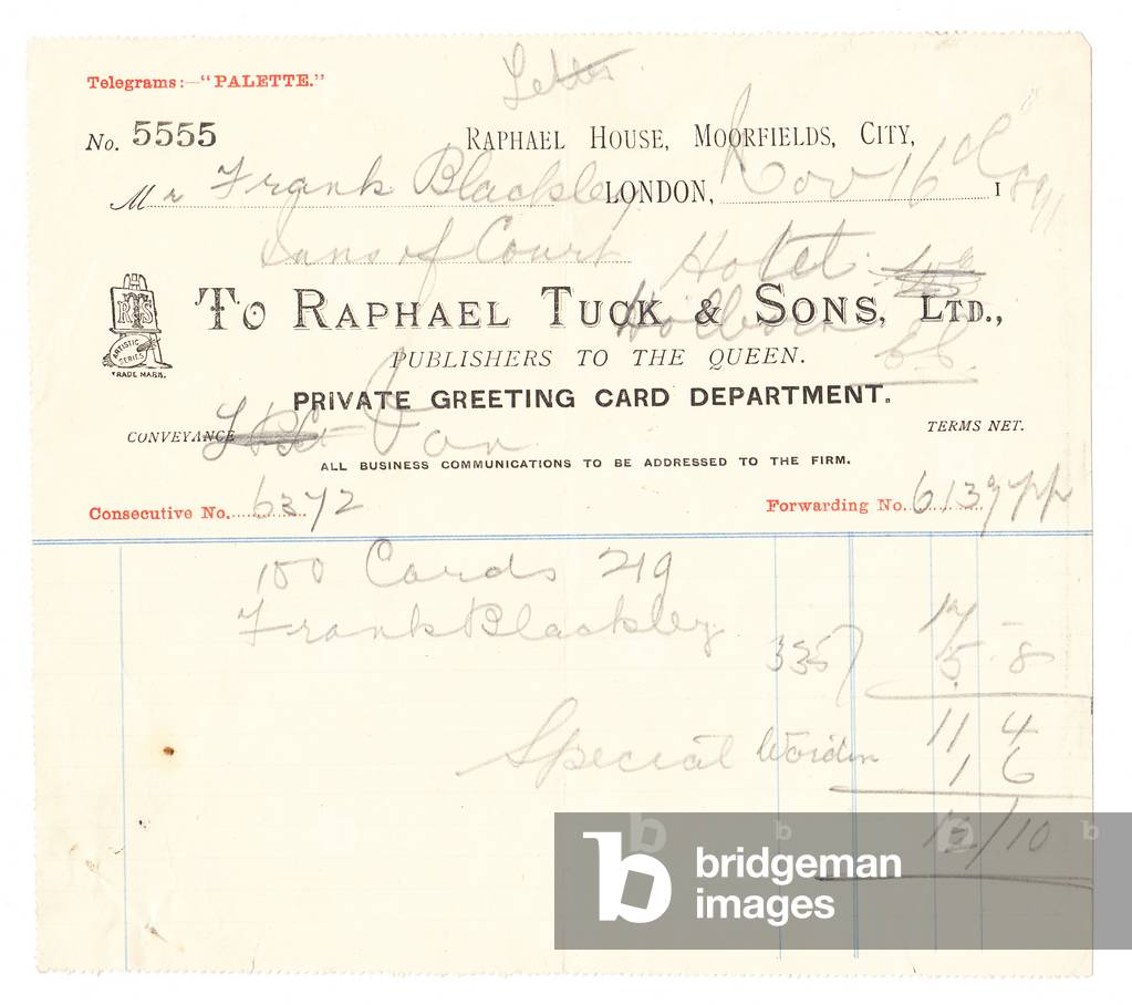 A Raphael Tuck invoice for greeting cards, 1891 (letterpress)