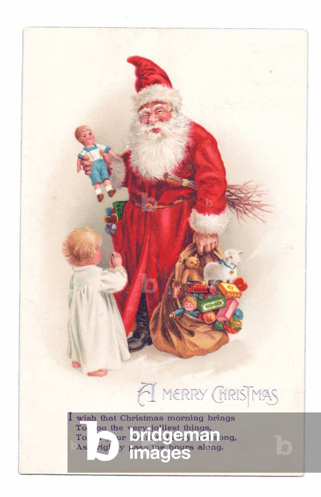Edwardian Christmas postcard of Father Christmas holding a sack of toys and showing a doll to a child, c.1910 (colour litho)
