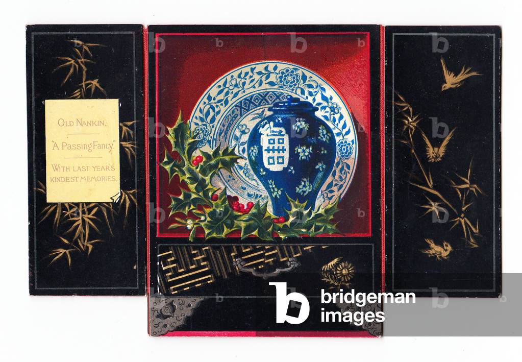 A Victorian greeting card of a japanese lacquered cabinet, c.1880 (colour litho)