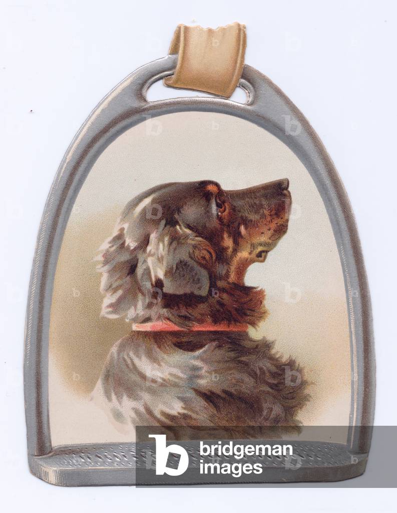 A Victorian Die-cut shape card of an image of a dog on a tag,  c.1880 (colour litho)