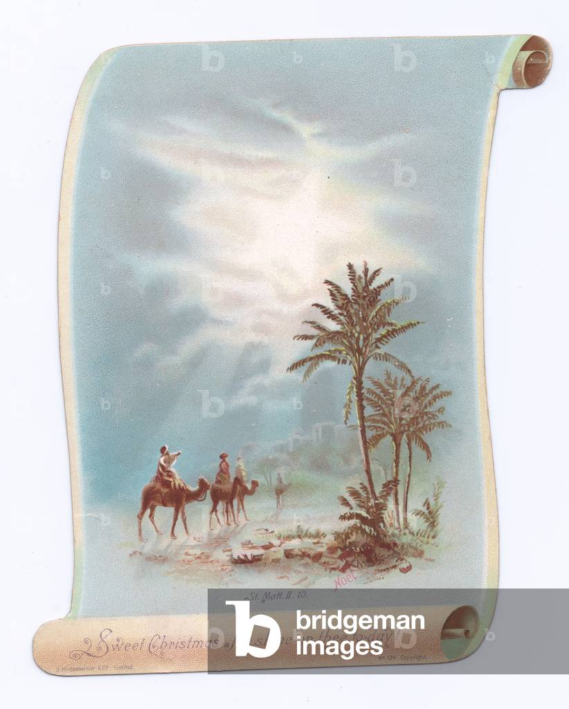 A Victorian die-cut shape Christmas card of a scroll with an image of men on camels, c.1880 (colour litho)
