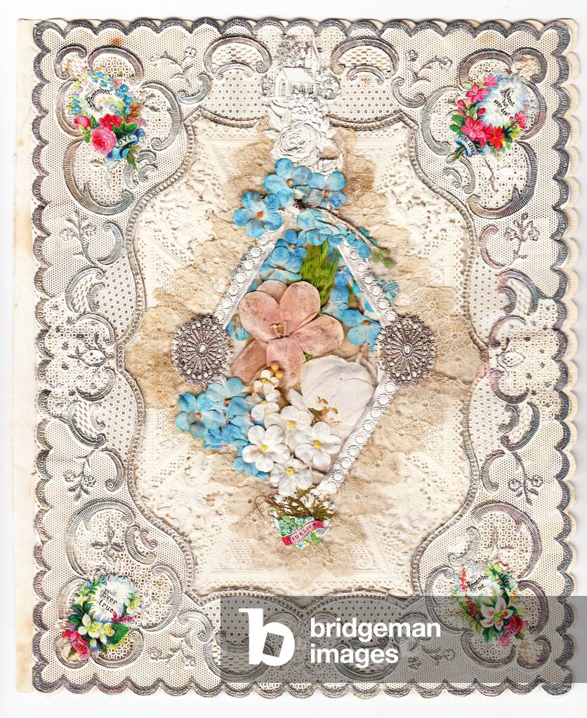 A Victorian paper lace Valentine card of flowers made of fabric and paper scraps of flowers , c.1870 (colour litho)