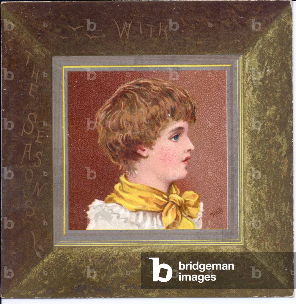 A Victorian New Year card of a girl in regency clothes wearing a blue cap, c.1880 (colour litho)