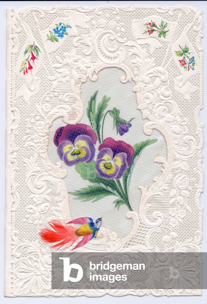 A Victorian blind embossed paper lace greeting card of a bird, flowers and hand painted pansies in a cartouche , c.1880 (colour litho)