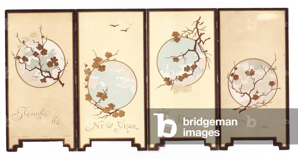 A Victorian die-cut shape New Year card of a Victorian folding screen with images of branches and flowers on it, c.1880 (colour litho)